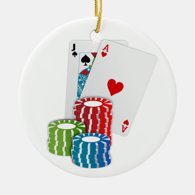 Blackjack with Poker Chips Ceramic Tree Decoration (Front)