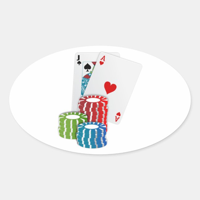 Blackjack with Poker Chips Oval Sticker (Front)