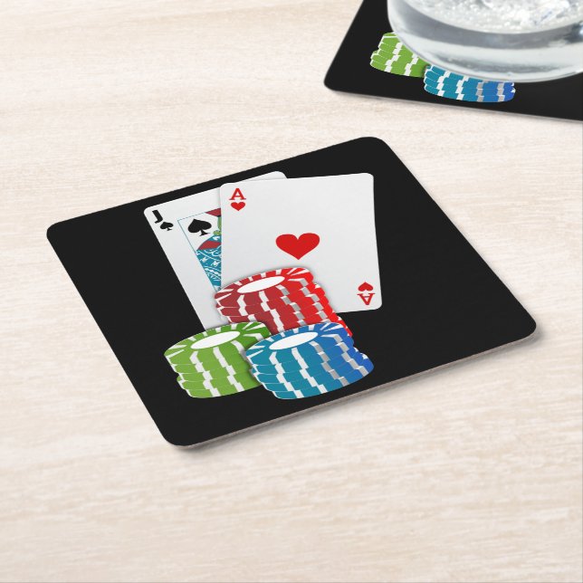 Blackjack with Poker Chips Square Paper Coaster (Angled)