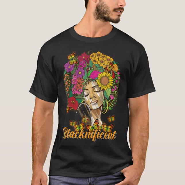Blacknificent Floral Afro Hair Butterfly African A T-Shirt (Front)