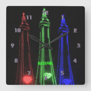 Blackpool Beautiful Tower Lights, Red, Green,  Square Wall Clock
