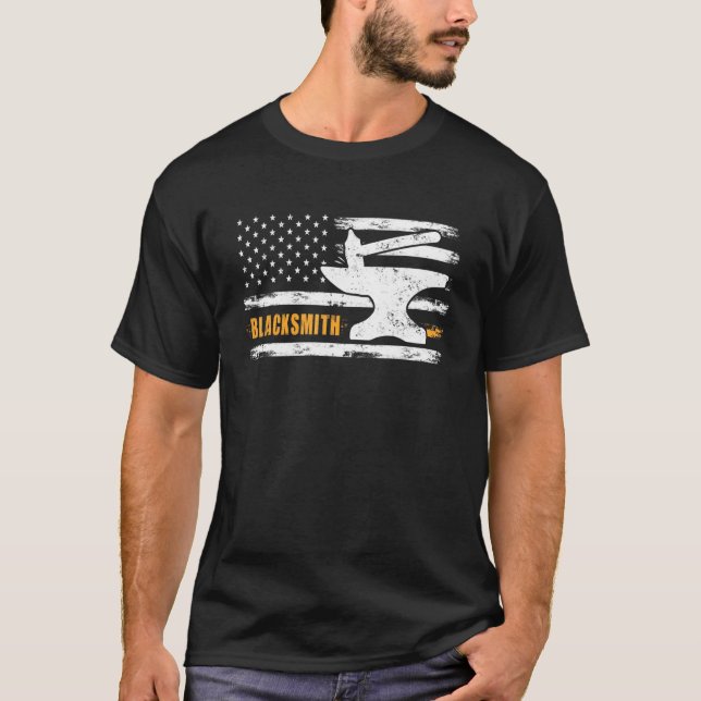 Blacksmith Hammer Anvil Flag Knife Maker Steel Pre T-Shirt (Front)