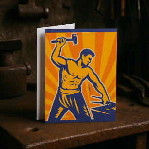 Blacksmith Hammering Retro Strongman Labour Invitation