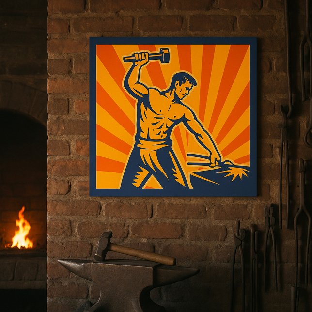 Blacksmith Hammering Retro Strongman Labour Poster (Creator Uploaded)