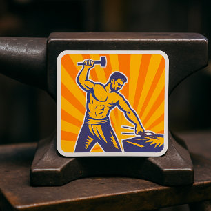 Blacksmith Hammering Retro Strongman Labour Square Sticker