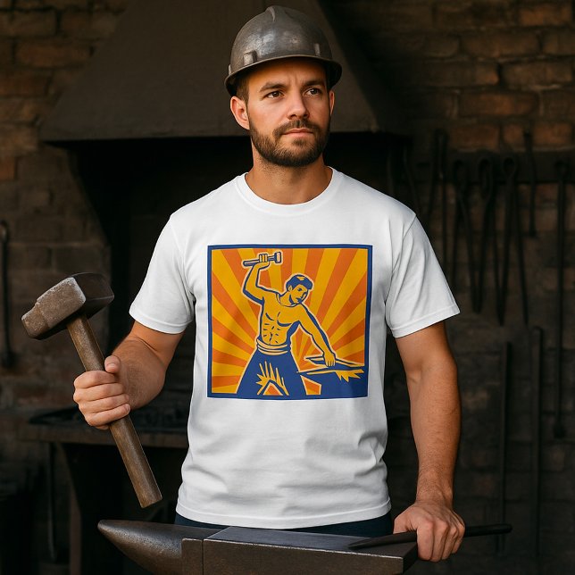 Blacksmith Hammering Retro Strongman Labour T-Shirt (Creator Uploaded)