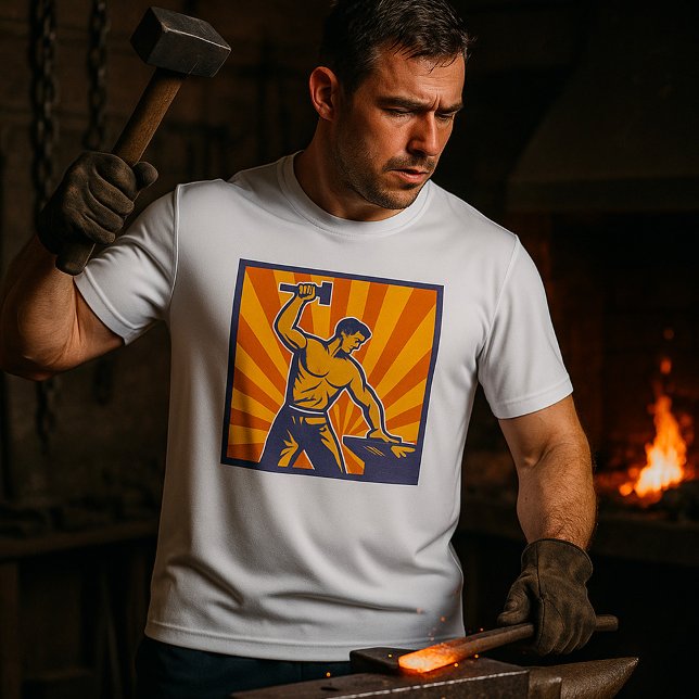 Blacksmith Hammering Retro Strongman Labour T-Shirt (Creator Uploaded)