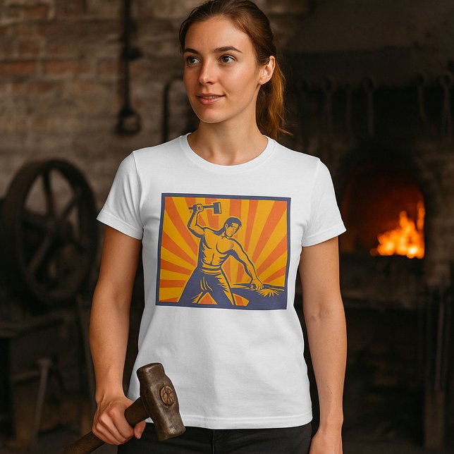 Blacksmith Hammering Retro Strongman Labour T-Shirt (Creator Uploaded)
