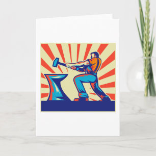 Blacksmith worker with hammer and anvil retro styl card