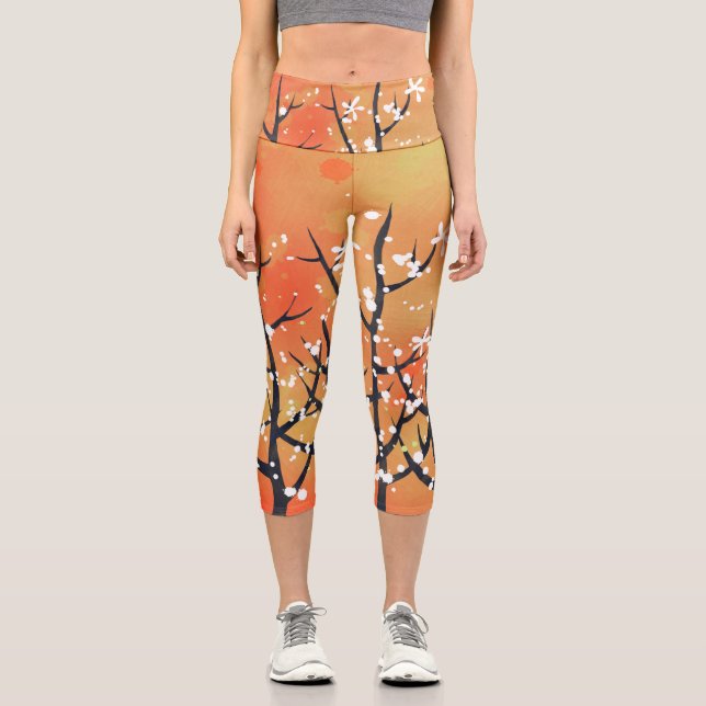 Blackthorn Blossom Spring Floral Coral Capri Leggi Leggings (Front)