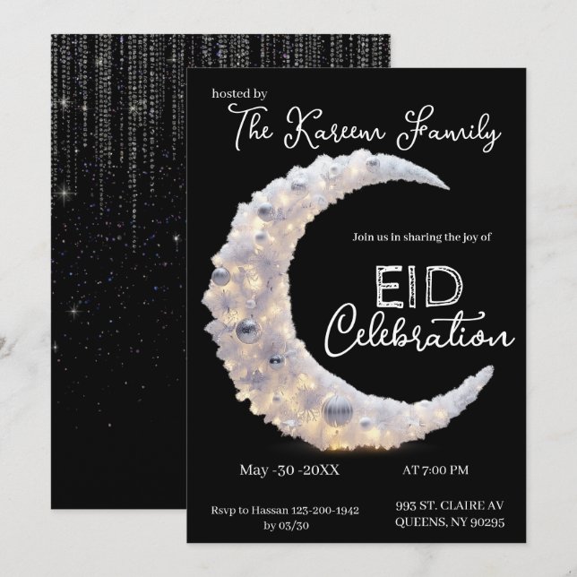  Blackwhite elegant Crescent Eid Party Invitation  (Front/Back)