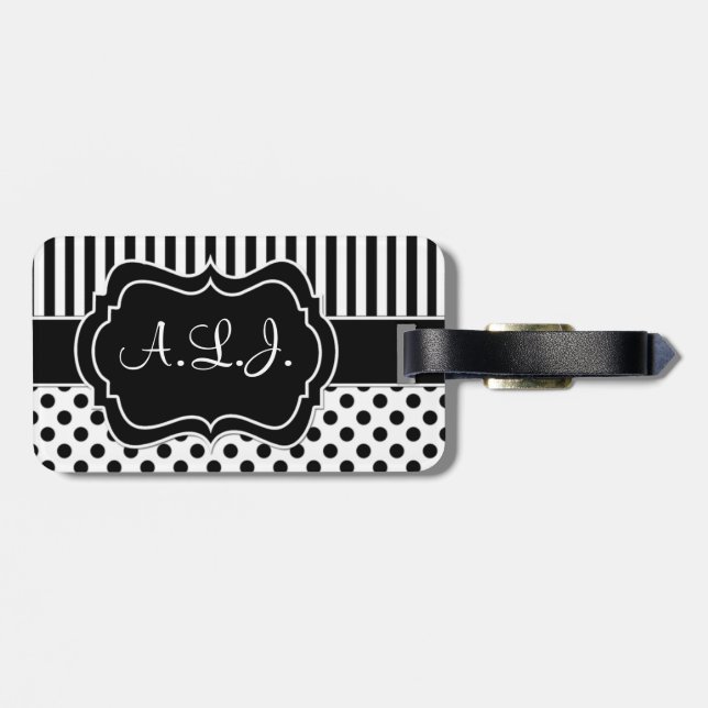 Blacl and White Striped Polks Dots Luggage Tag (Back Horizontal)