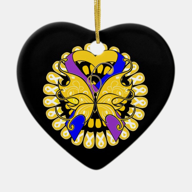 Bladder Cancer Butterfly Heart Ribbon Ceramic Tree Decoration (Front)