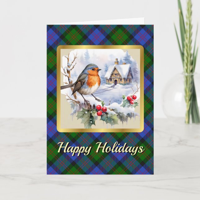 Blair Crest & Tartan w/Robin Personalised  Card (Front)