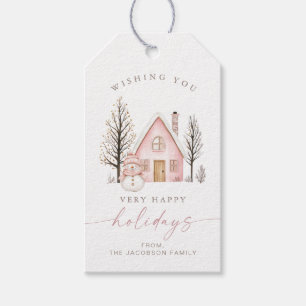 BLAIR Cute Pink House Snowman Happy Holidays Gift Tags
