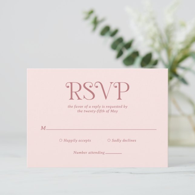 Blaire Blush Pink Modern Wedding RSVP Card (Standing Front)