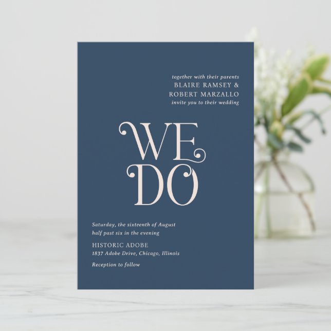 Blaire Navy Blue Modern Wedding Invitation (Standing Front)