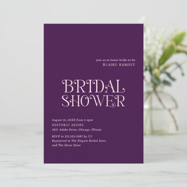 Blaire Purple Modern Bridal Shower Invitation (Standing Front)
