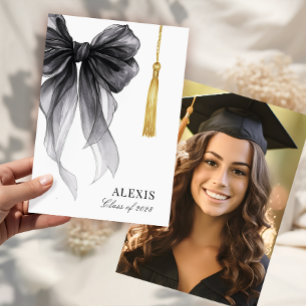 Blak Bow Coquette Photo Graduation Cap Tassel Announcement