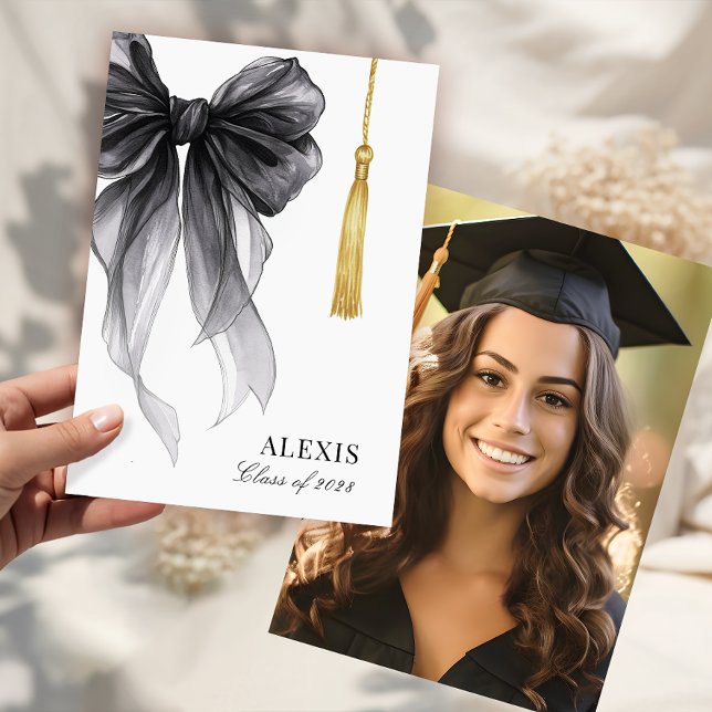 Blak Bow Coquette Photo Graduation Cap Tassel Announcement (Creator Uploaded)