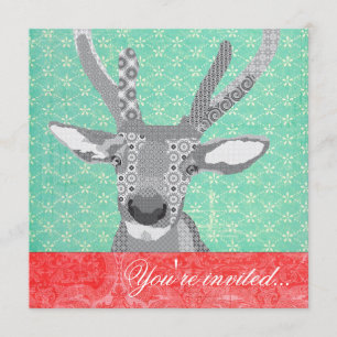 Blak & White Reindeer Turquoise Red Invitation