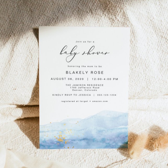 BLAKELY Ocean Blue Watercolor Gold Baby Shower Invitation (Creator Uploaded)