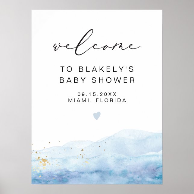 BLAKELY Sky Blue Watercolor Gold Fleck Baby Shower Poster (Front)