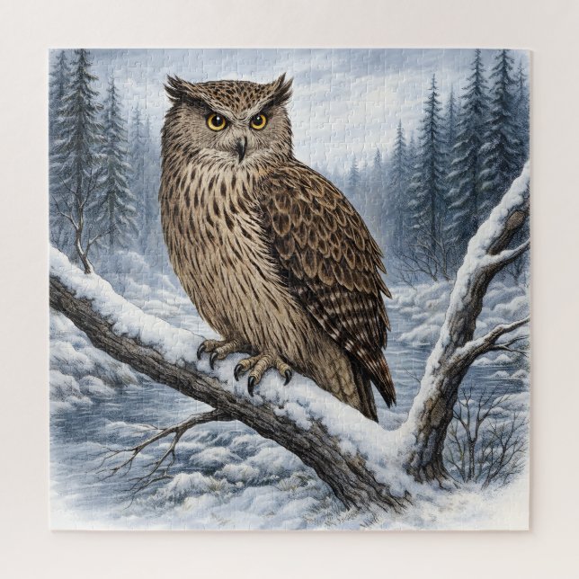 Blakiston’s Fish Owl in Winter Forest –  Jigsaw Puzzle (Vertical)