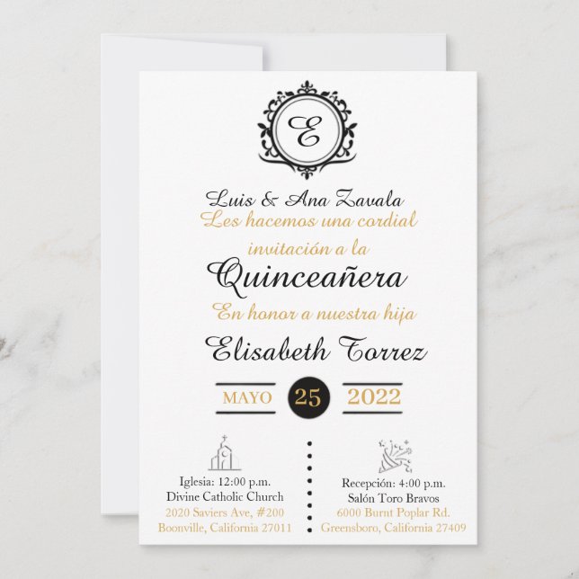 Blan oro invitations for quinceañ was elegant (Front)
