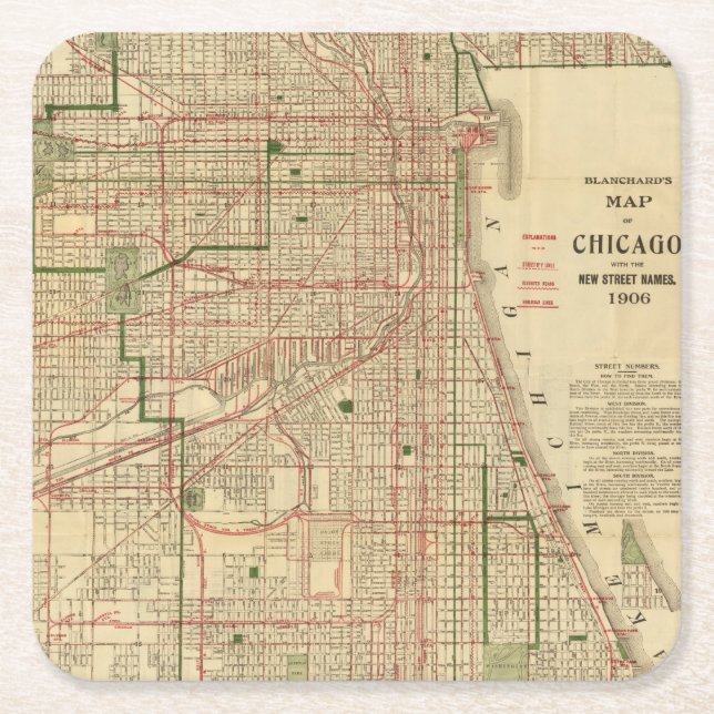 Blanchard's map of Chicago Square Paper Coaster (Front)