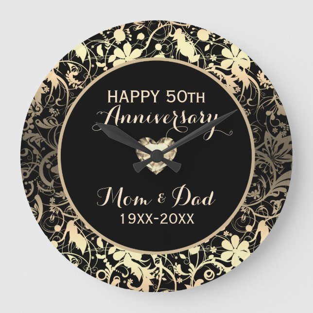 Blanched Almond Damask And Heart- Anniversary Large Clock (Front)