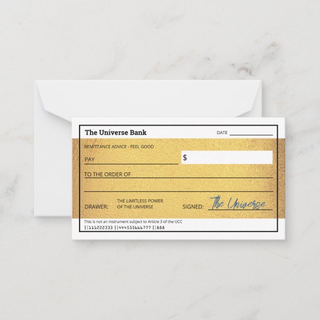 Blank Abundance Check Gold Law of Attraction  Card (Front)
