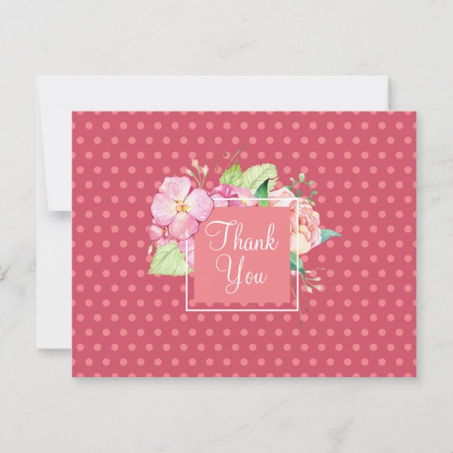 Blank Back Thank You Pink Dots & Coral Floral Card (Front)