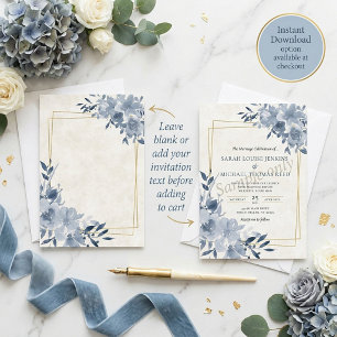 Blank budget Blue floral and gold frame wedding Invitation