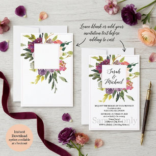 Blank budget Burgundy and purple floral wedding Invitation