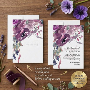 Blank budget Mauve watercolor floral wedding Invitation