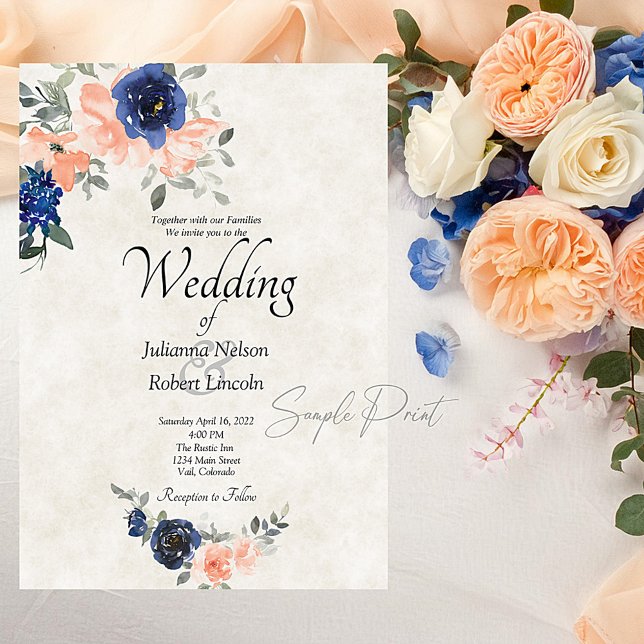 Blank budget Peach and blue  floral wedding  Invitation (Creator Uploaded)