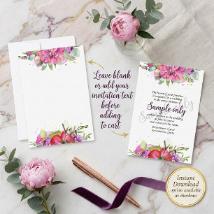 Blank budget Pink watercolor floral wedding Invitation