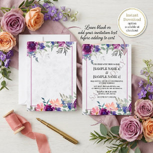 Blank budget Purple and orange floral wedding  Inv Invitation