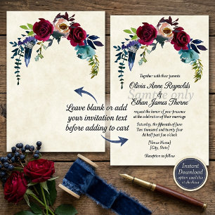 Blank budget Red boho floral wedding Invitation