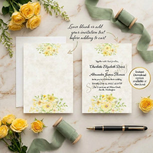 Blank budget Yellow watercolor floral wedding Invitation