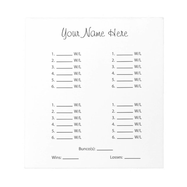 Blank Bunco Sheet Notepad (Front)