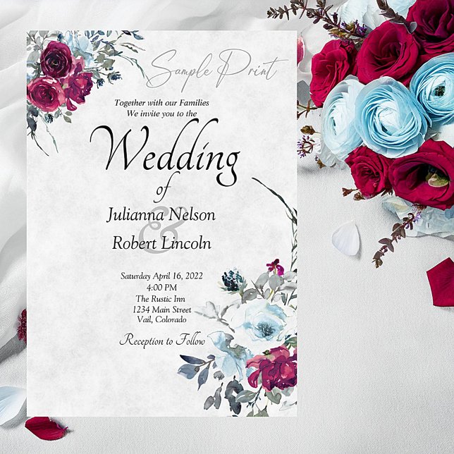 Blank Burgundy and blue watercolor floral wedding  Invitation (Creator Uploaded)