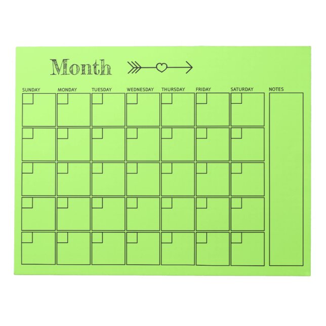 Blank Calendar Green Monthly Planner Notepad (Front)