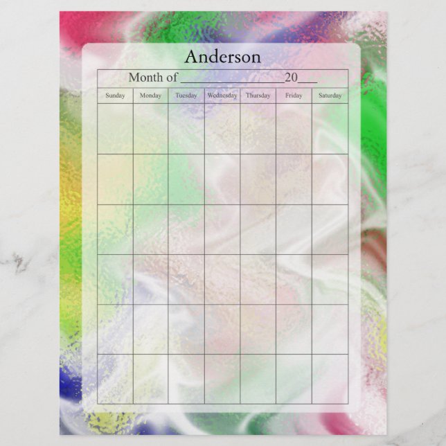 Blank Calendar Page, Fuzzy Colours Design (Front)