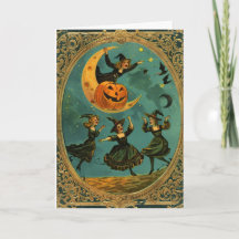Blank Card Vintage Witches Dancing Around Moon 5x7