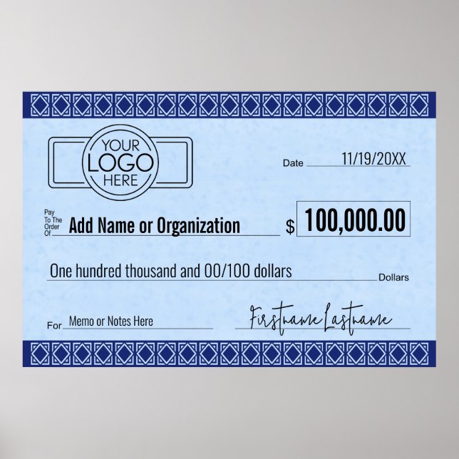 Blank Check for Sweepstakes & Awards BLUE ART DECO Poster (Front)