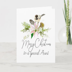 Blank Christmas Chickadee Bird Pointsettia Aunt Card