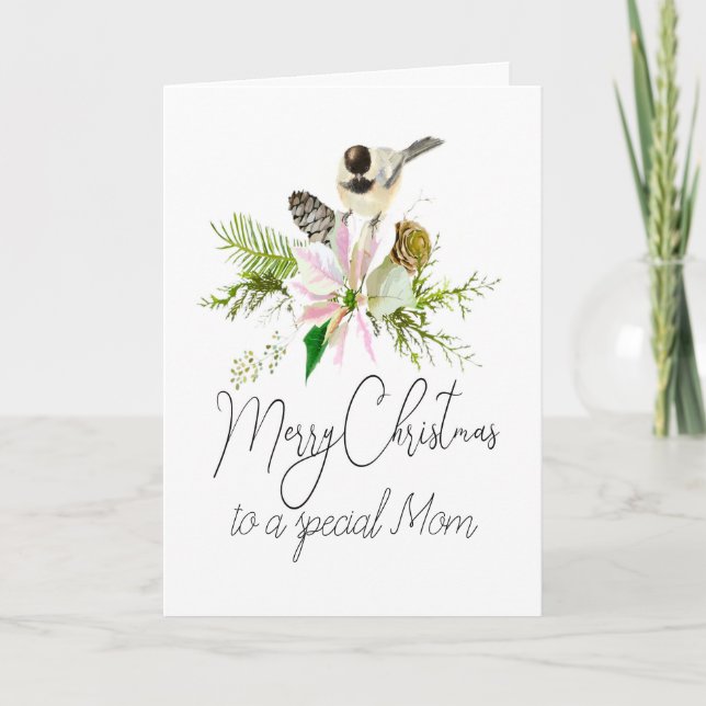 Blank Christmas Chickadee Bird Pointsettia Mum Card (Front)