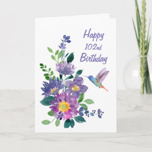 Blank Custom 102nd Birthday Hummingbird Flower Card
